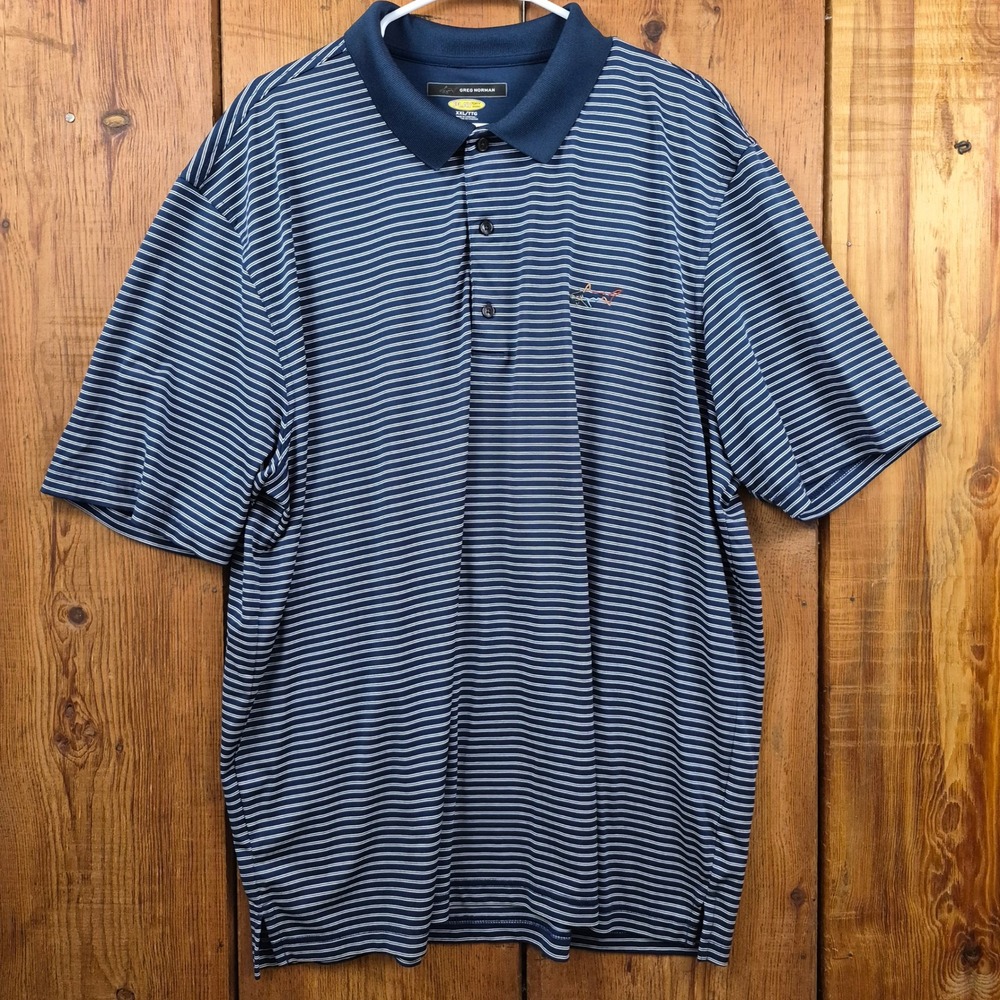 Greg Norman Play Dry Mens XXL Blue White Striped Golf Polo Shirt Short Sleeve